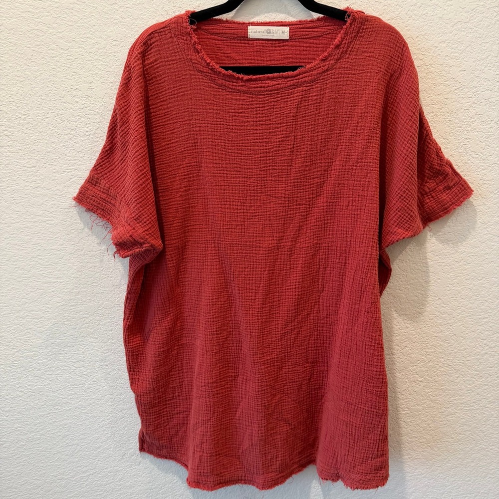 Natural Life Red Gauze Raw Edge Boxy Short Sleeve Top Womens Medium Boho Relaxed